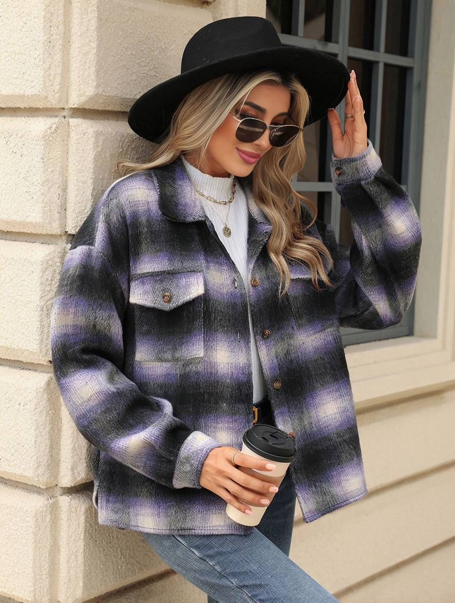 Levoire | Chemise Overshirt Dame Carre Boutons Poches Col À Revers Décontracté Veste Ample