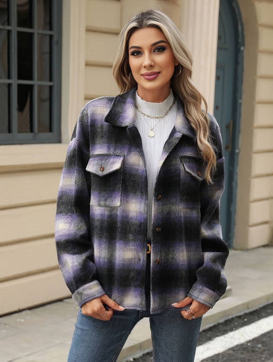 Levoire | Chemise Overshirt Dame Carre Boutons Poches Col À Revers Décontracté Veste Ample