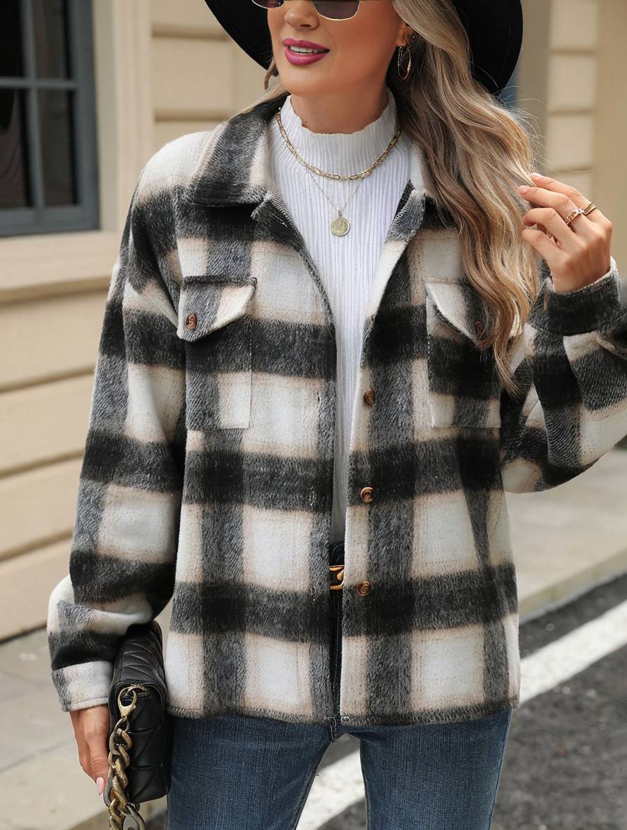 Levoire | Chemise Overshirt Dame Carre Boutons Poches Col À Revers Décontracté Veste Ample Khaki