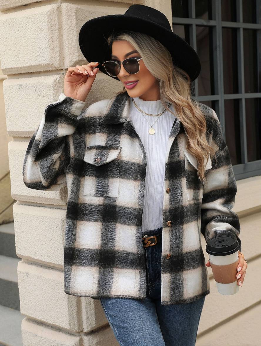 Levoire | Chemise Overshirt Dame Carre Boutons Poches Col À Revers Décontracté Veste Ample