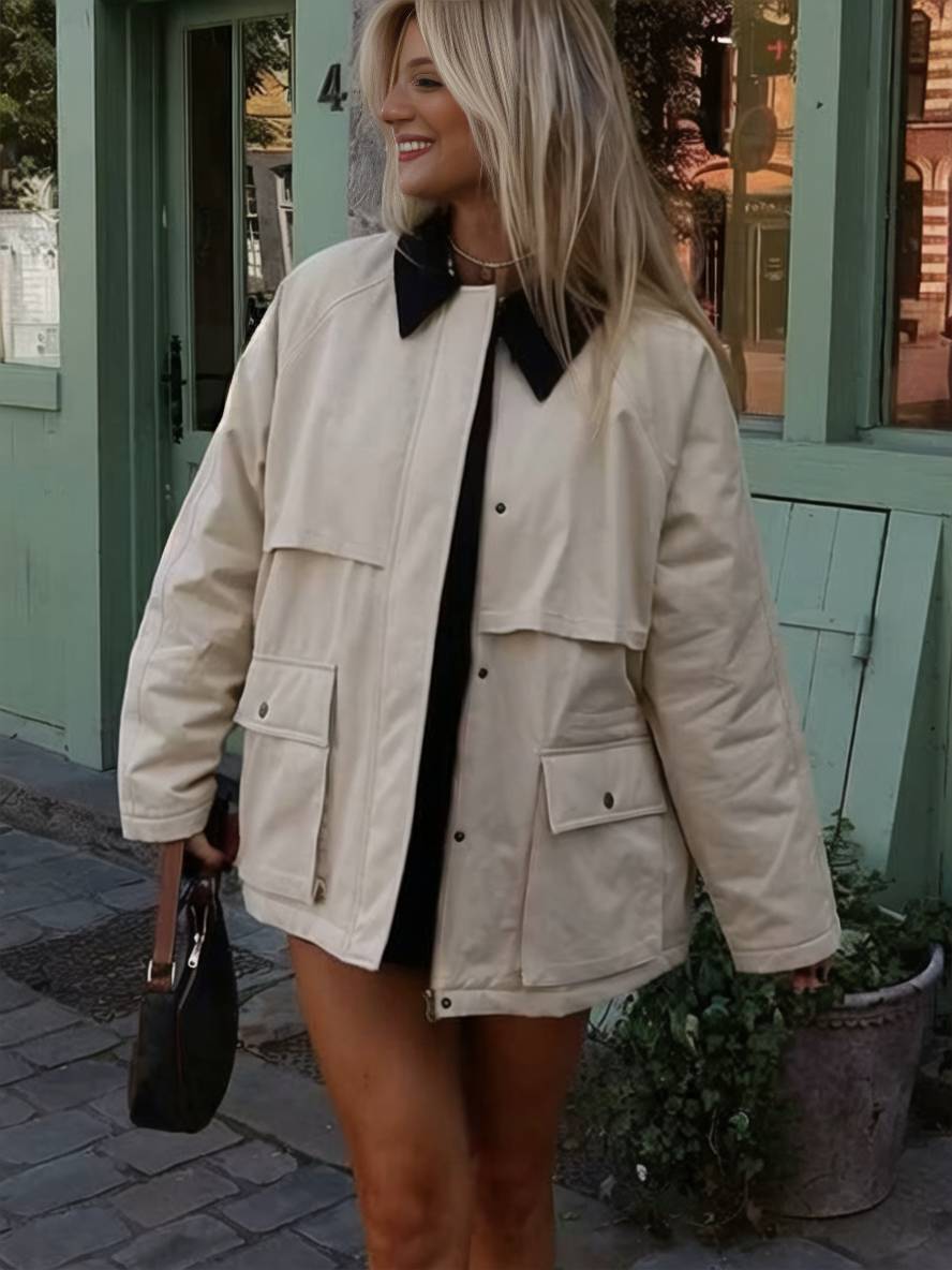Levoire | Veste Couleur De Frappe Fermeture À Revers Poches Zippées Manches Longues Femmes Décontracté Loose Oversized Blouson Beige