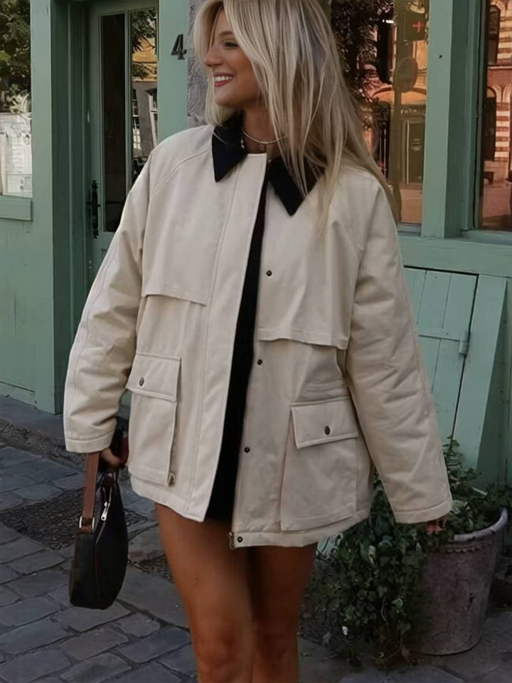 Levoire | Veste Couleur De Frappe Fermeture À Revers Poches Zippées Manches Longues Femmes Décontracté Loose Oversized Blouson Beige