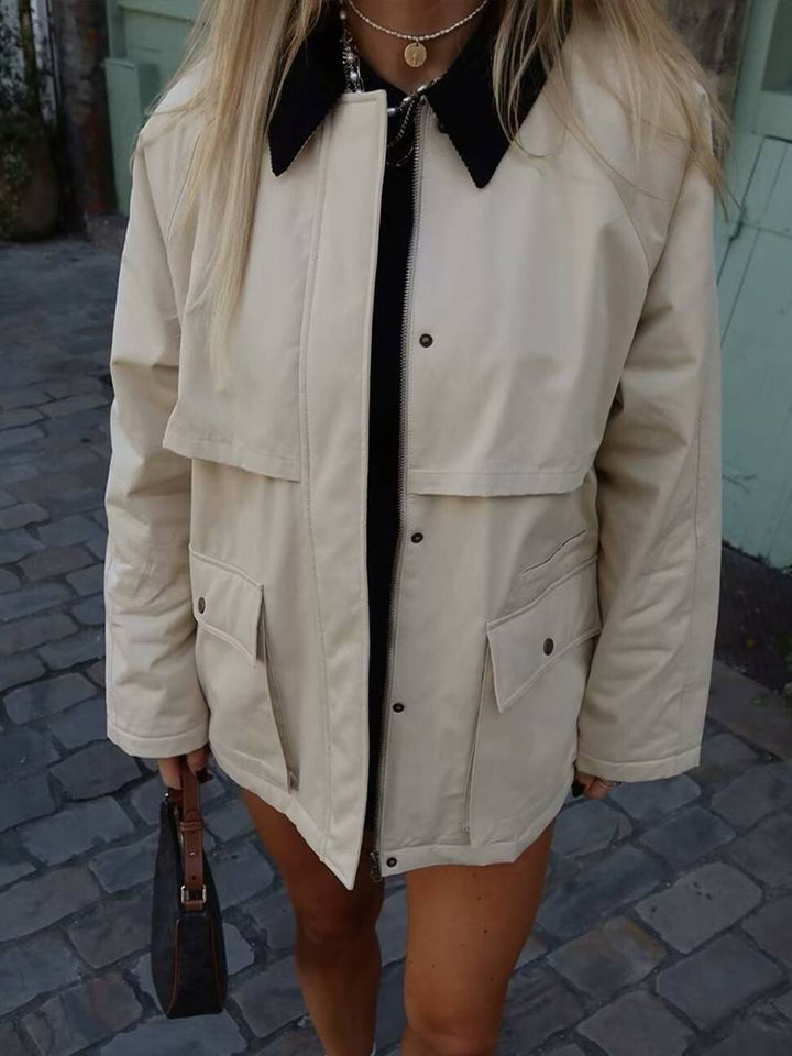 Levoire | Veste Couleur De Frappe Fermeture À Revers Poches Zippées Manches Longues Femmes Décontracté Loose Oversized Blouson