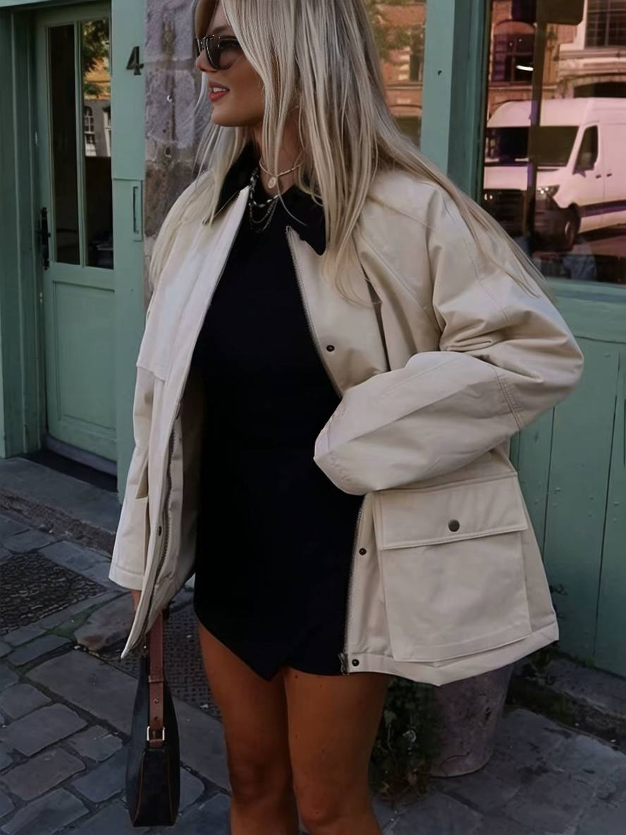 Levoire | Veste Couleur De Frappe Fermeture À Revers Poches Zippées Manches Longues Femmes Décontracté Loose Oversized Blouson