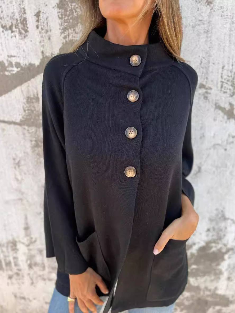 Levoire | Poncho Manteau Femme Poches Boutonnées Col Haut Femme Décontracté Large Surdimensionné Veste Décontractée Noir