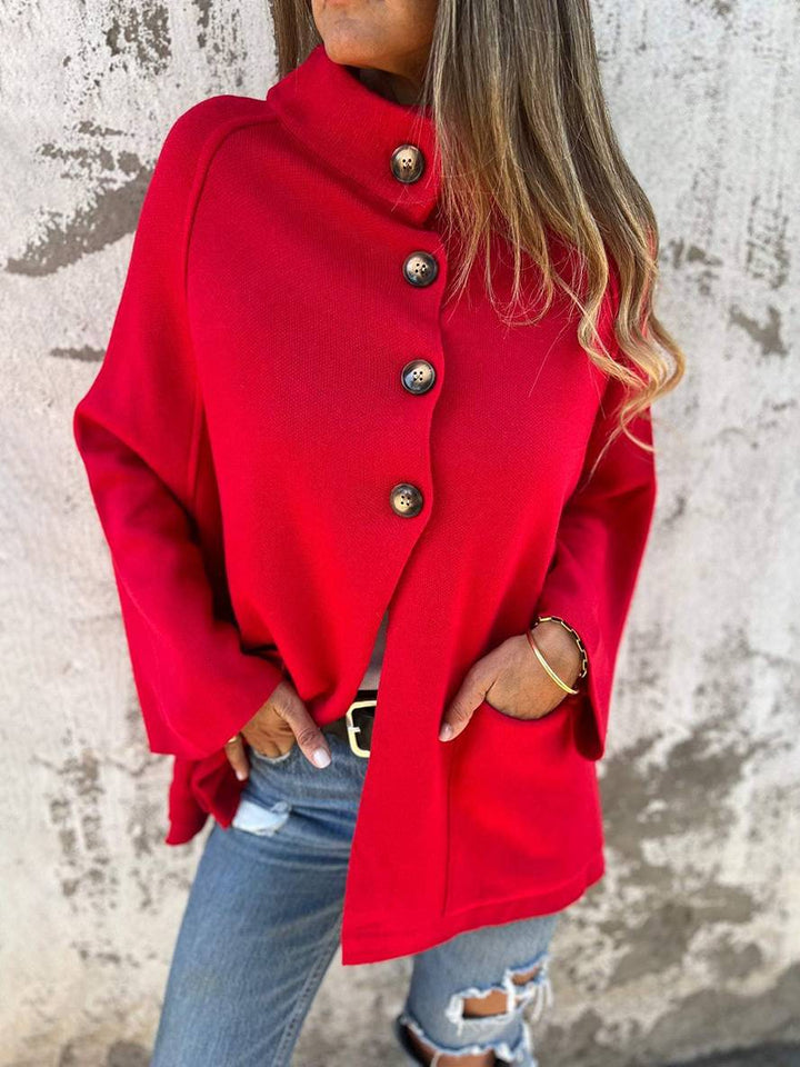 Levoire | Poncho Manteau Femme Poches Boutonnées Col Haut Femme Décontracté Large Surdimensionné Veste Décontractée Rot