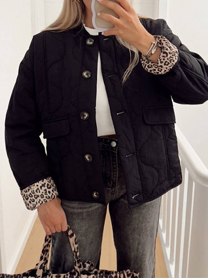 Levoire | Veste Courte En Coton Léopard À Col Rond Boutons Poches Manches Longues Dames Manteau De Loisirs Vintage Noir