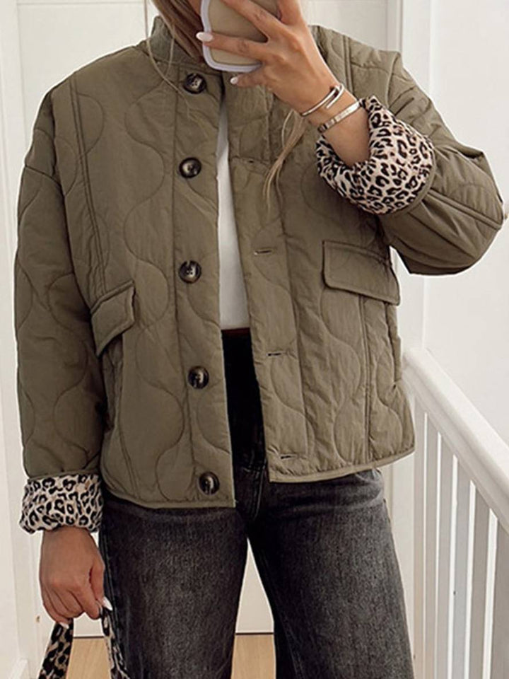Levoire | Veste Courte En Coton Léopard À Col Rond Boutons Poches Manches Longues Dames Manteau De Loisirs Vintage Vert