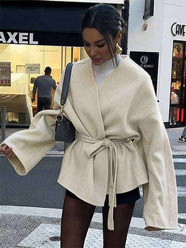 Levoire | Uni Col V Manteau Ceinture Manches Longues Femme Élégant Veste Décontractée