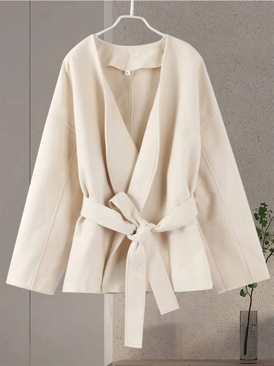 Levoire | Uni Col V Manteau Ceinture Manches Longues Femme Élégant Veste Décontractée