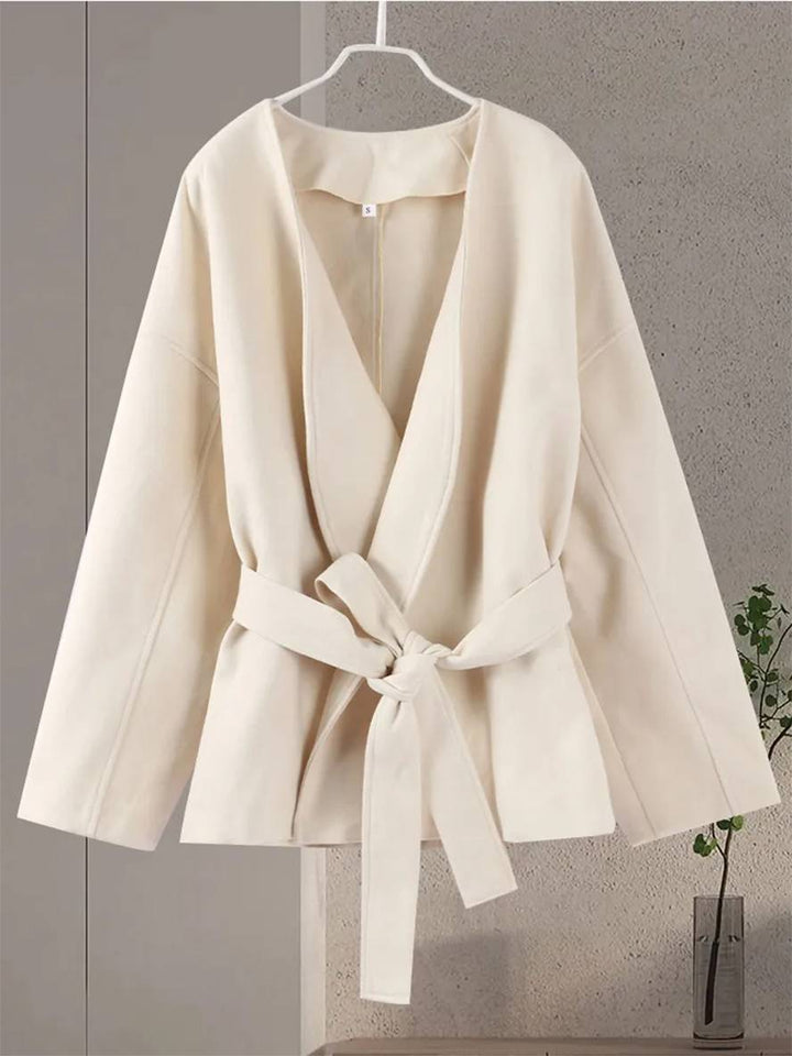 Levoire | Uni Col V Manteau Ceinture Manches Longues Femme Élégant Veste Décontractée