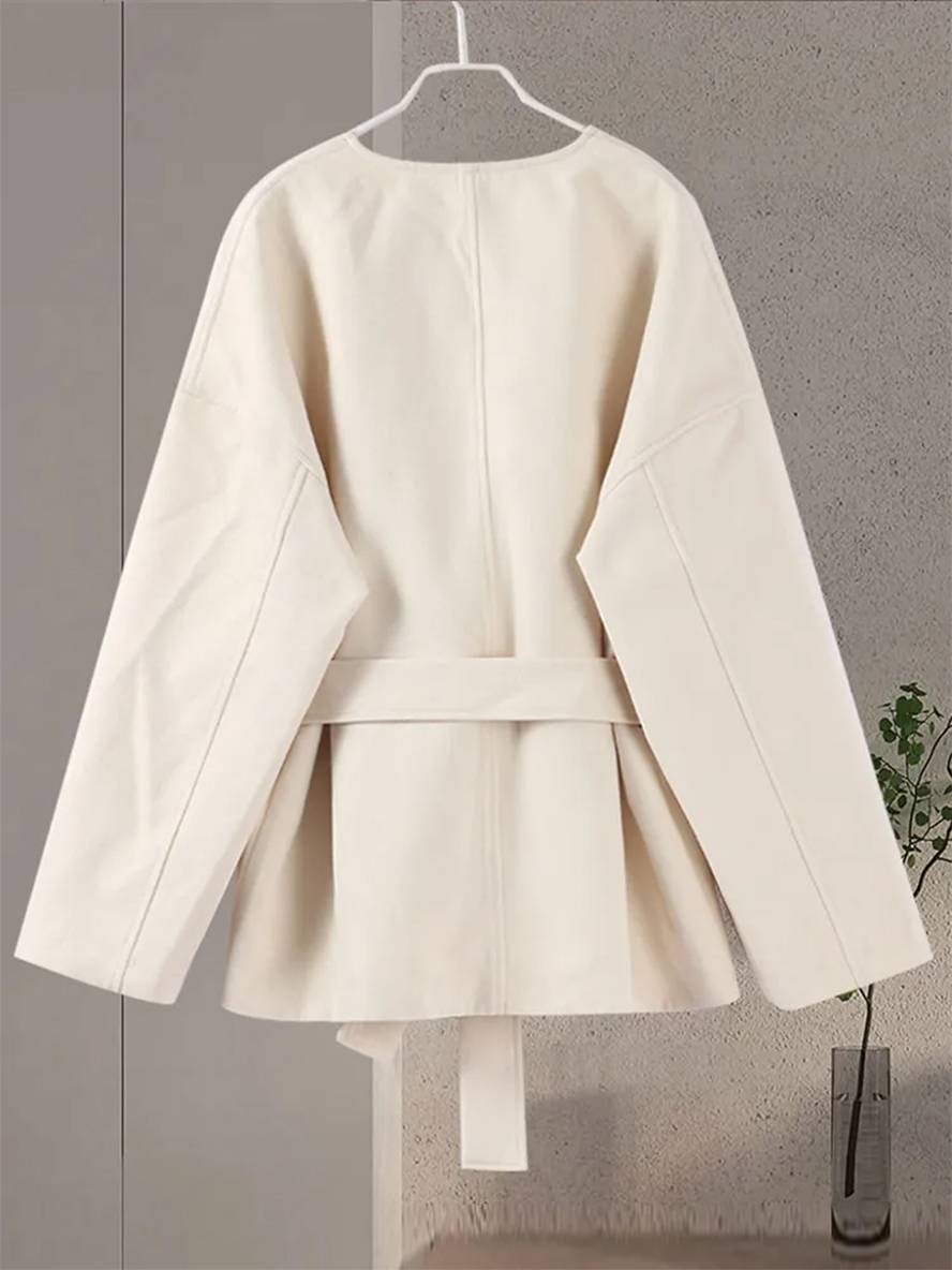 Levoire | Uni Col V Manteau Ceinture Manches Longues Femme Élégant Veste Décontractée