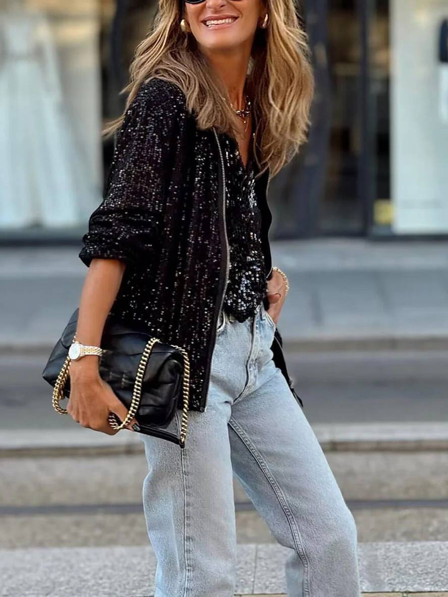 Levoire | Bomber Brillant Paillettes Col Rond Manches Longues Fermeture Éclair Femme Élégant Décontracté Veste De Loisirs