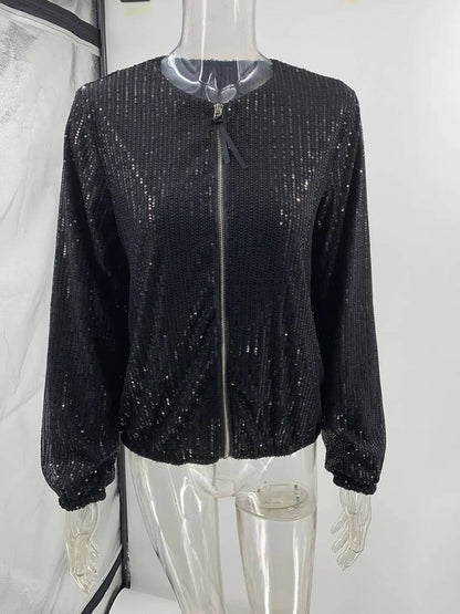 Levoire | Bomber Brillant Paillettes Col Rond Manches Longues Fermeture Éclair Femme Élégant Décontracté Veste De Loisirs