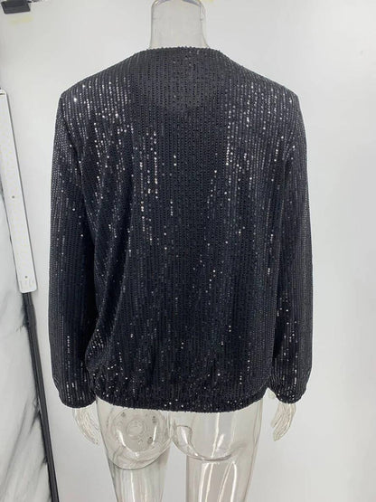 Levoire | Bomber Brillant Paillettes Col Rond Manches Longues Fermeture Éclair Femme Élégant Décontracté Veste De Loisirs