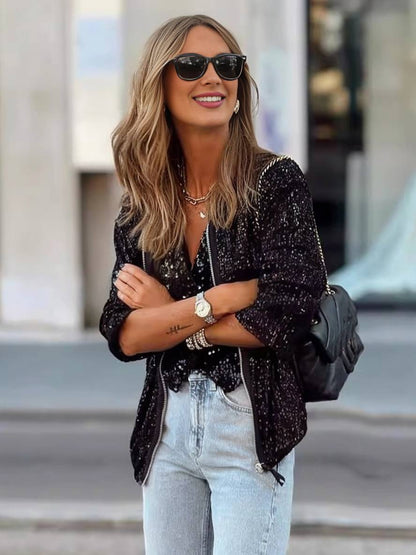 Levoire | Bomber Brillant Paillettes Col Rond Manches Longues Fermeture Éclair Femme Élégant Décontracté Veste De Loisirs