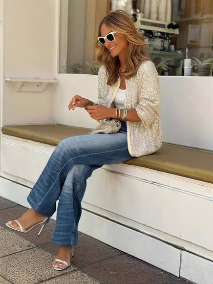 Levoire | Bomber Brillant Paillettes Col Rond Manches Longues Fermeture Éclair Femme Élégant Décontracté Veste De Loisirs