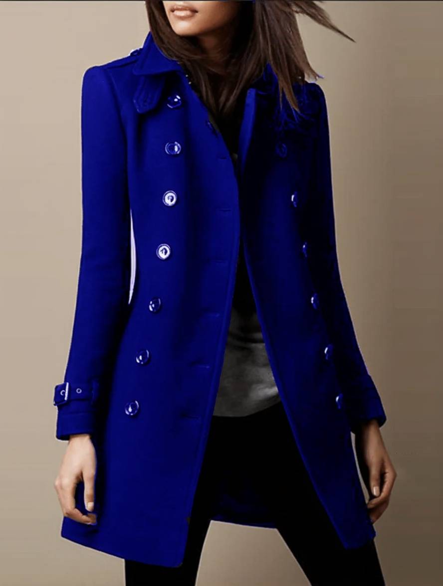 Levoire | Mi-Long Manteau En Laine Officier Double Boutonnage Col Revers Manches Longues Femmes Élégant Hiver Caban Bleu