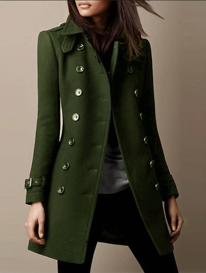 Levoire | Mi-Long Manteau En Laine Officier Double Boutonnage Col Revers Manches Longues Femmes Élégant Hiver Caban Armée Verte