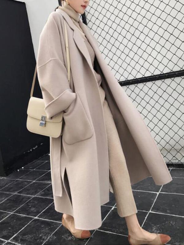 Levoire | Manteau Long En Laine Avec Fente Latérale Ceinture Femme Veste Abricot Abricot