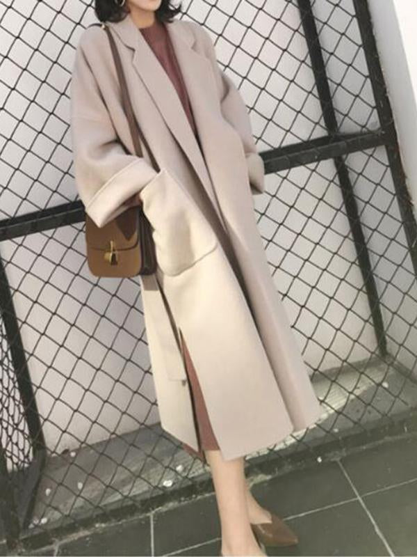 Levoire | Manteau Long En Laine Avec Fente Latérale Ceinture Femme Veste Abricot