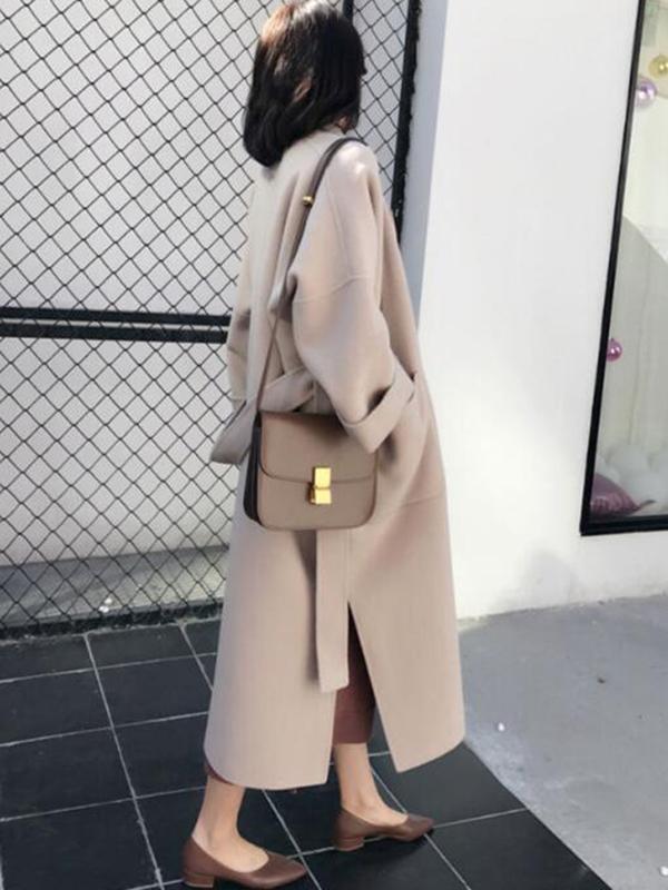 Levoire | Manteau Long En Laine Avec Fente Latérale Ceinture Femme Veste Abricot