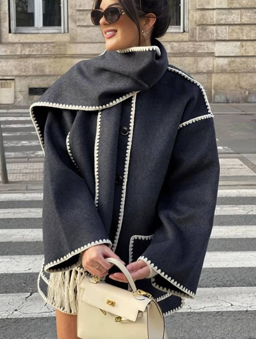 Levoire | Manteau En Laine Avec Franges, Fermeture À Boutons, Poches, Col Rond, Manches Longues, Dames, Élégant, Large, Manteau D'Hiver Noir