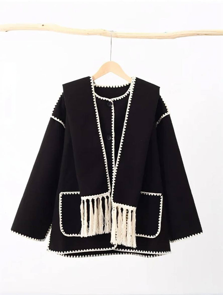 Levoire | Manteau En Laine Avec Franges, Fermeture À Boutons, Poches, Col Rond, Manches Longues, Dames, Élégant, Large, Manteau D'Hiver