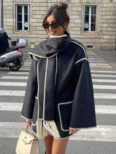 Levoire | Manteau En Laine Avec Franges, Fermeture À Boutons, Poches, Col Rond, Manches Longues, Dames, Élégant, Large, Manteau D'Hiver