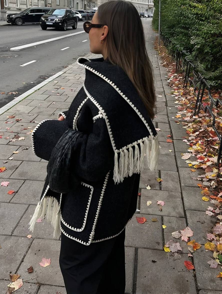 Levoire | Manteau En Laine Avec Franges, Fermeture À Boutons, Poches, Col Rond, Manches Longues, Dames, Élégant, Large, Manteau D'Hiver