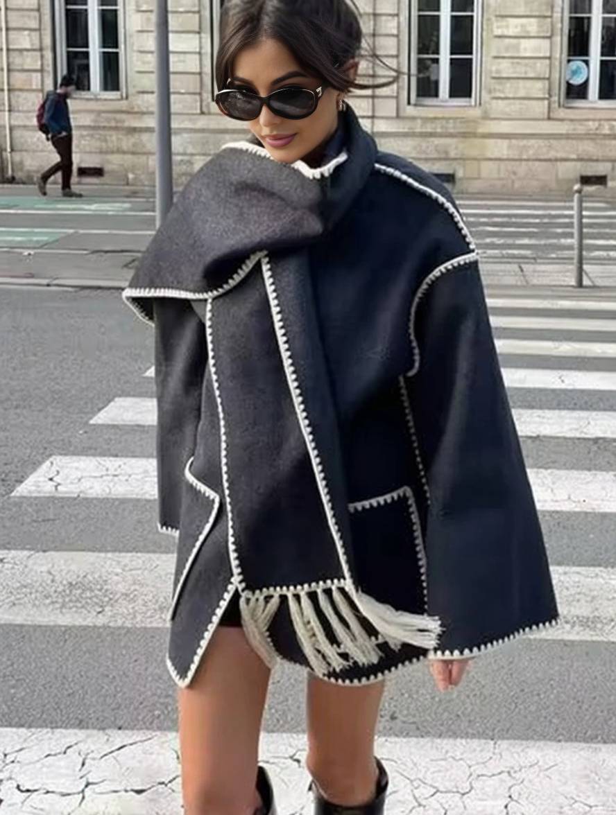 Levoire | Manteau En Laine Avec Franges, Fermeture À Boutons, Poches, Col Rond, Manches Longues, Dames, Élégant, Large, Manteau D'Hiver