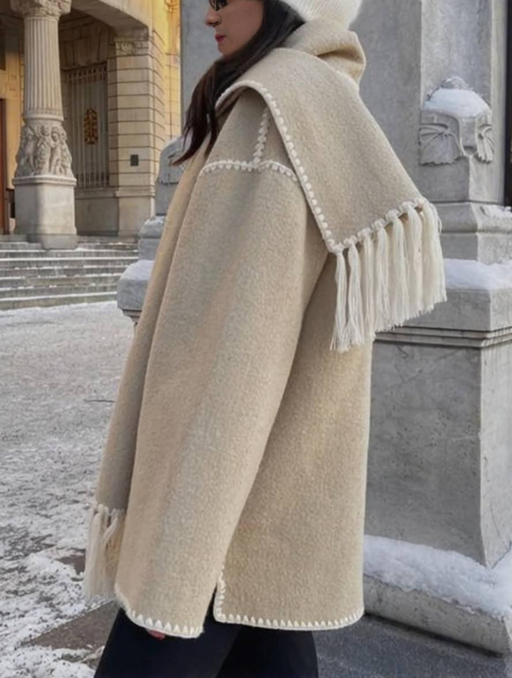Levoire | Manteau En Laine Avec Franges, Fermeture À Boutons, Poches, Col Rond, Manches Longues, Dames, Élégant, Large, Manteau D'Hiver