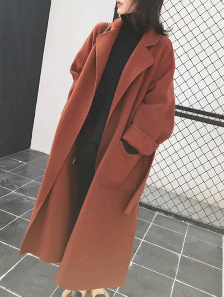 Levoire | Manteau Long En Laine Avec Fente Latérale Ceinture Oversized Femme Veste Élégante Brique
