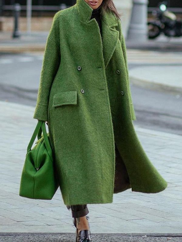 Levoire | Manteau En Laine Long Avec Fermeture À Double Bouton Poches Col À Revers Manches Longues Femme Oversized Automne Et Hiver Vert