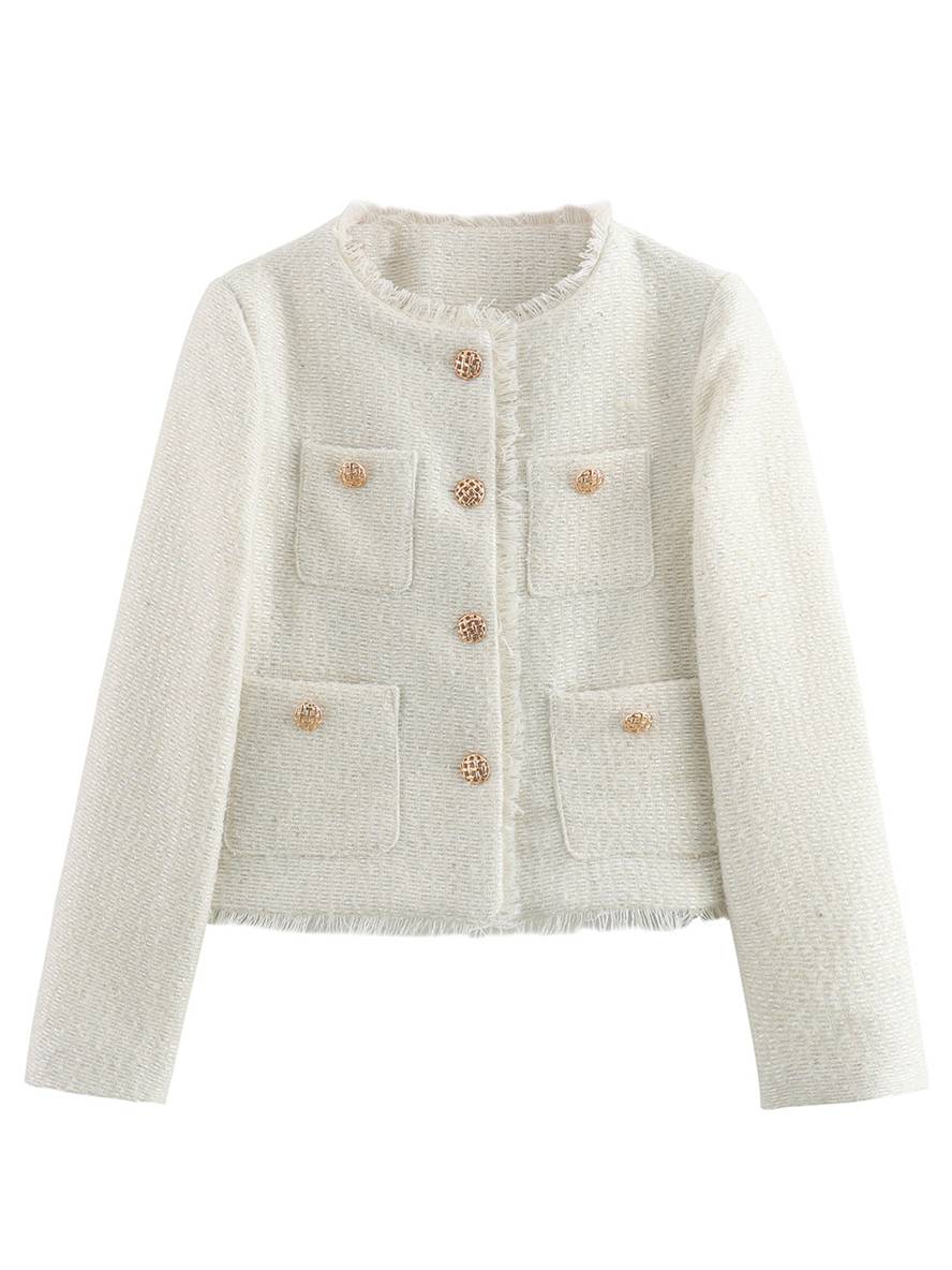 Levoire | Veste En Tartan Pour Femmes En Cachemire Avec Boutons Poches Col Rond Manches Longues Blazer Élégant Blanche