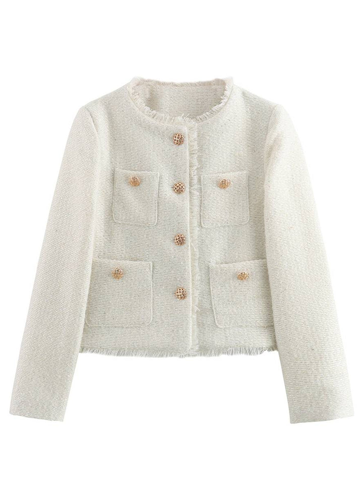 Levoire | Veste En Tartan Pour Femmes En Cachemire Avec Boutons Poches Col Rond Manches Longues Blazer Élégant Blanche
