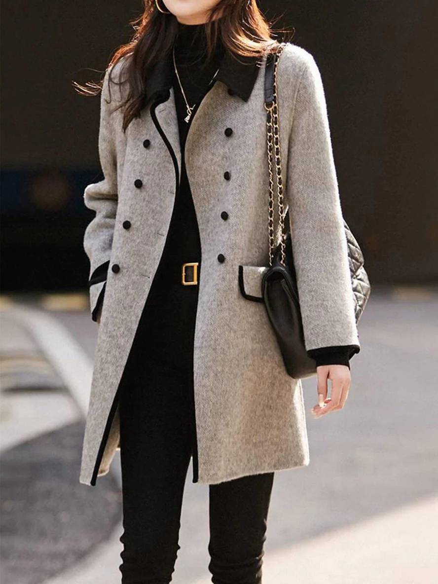 Levoire | Manteau En Laine Mi-Long À Double Boutonnage Avec Poches Col Polo À Manches Longues Pour Femme Élégante Gris