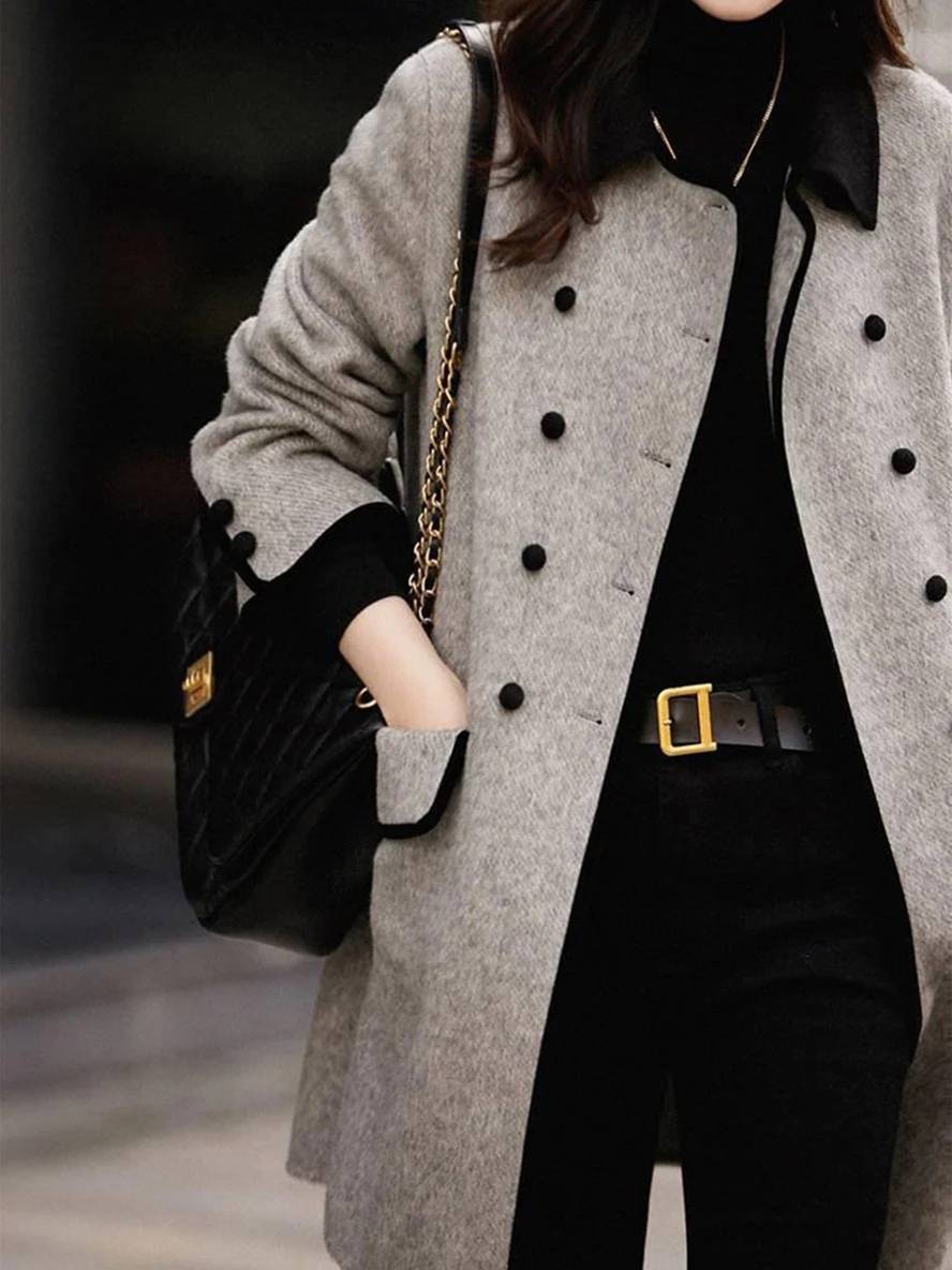Levoire | Manteau En Laine Mi-Long À Double Boutonnage Avec Poches Col Polo À Manches Longues Pour Femme Élégante