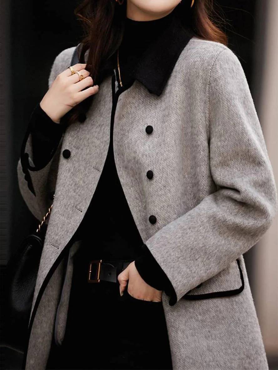 Levoire | Manteau En Laine Mi-Long À Double Boutonnage Avec Poches Col Polo À Manches Longues Pour Femme Élégante