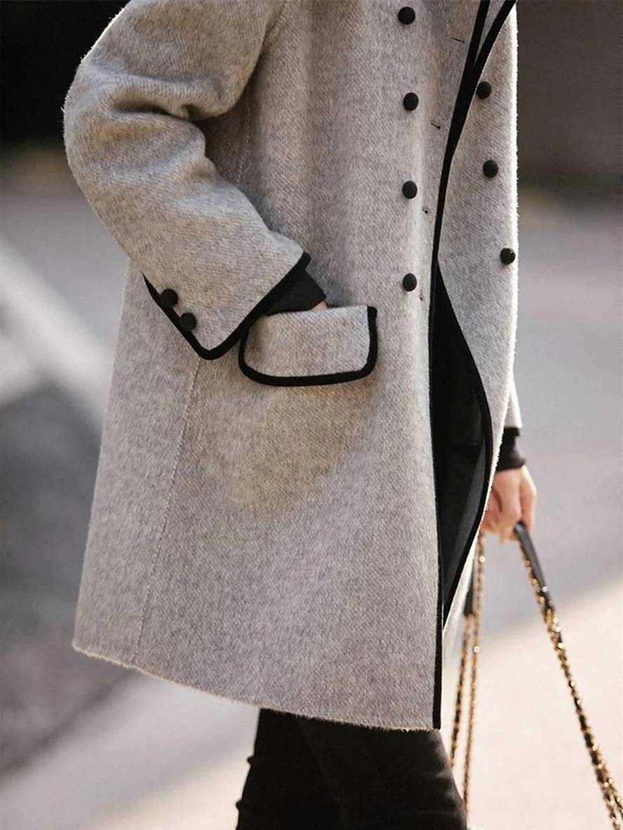Levoire | Manteau En Laine Mi-Long À Double Boutonnage Avec Poches Col Polo À Manches Longues Pour Femme Élégante