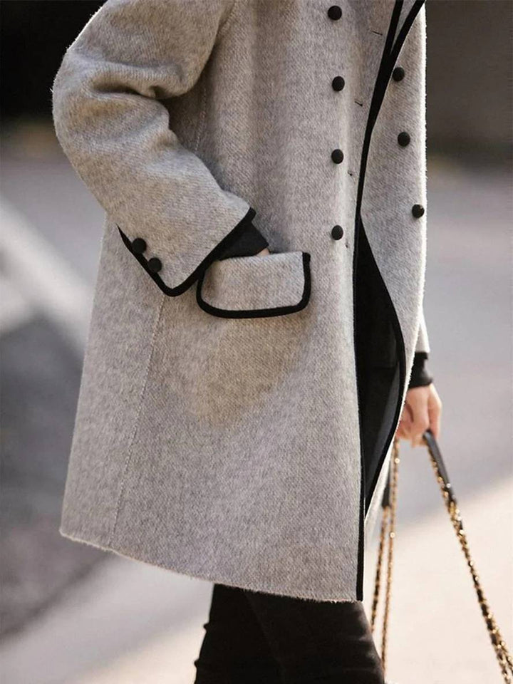 Levoire | Manteau En Laine Mi-Long À Double Boutonnage Avec Poches Col Polo À Manches Longues Pour Femme Élégante