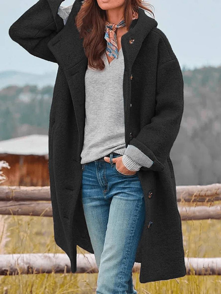 Levoire | Manteau En Laine Mi-Long Avec Capuche, Fermeture À Boutons, Poches, Manches Longues, Féminin, Oversize, Décontracté, Gras Noir