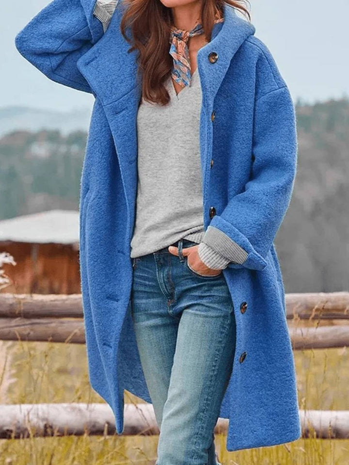 Levoire | Manteau En Laine Mi-Long Avec Capuche, Fermeture À Boutons, Poches, Manches Longues, Féminin, Oversize, Décontracté, Gras Bleu saphir