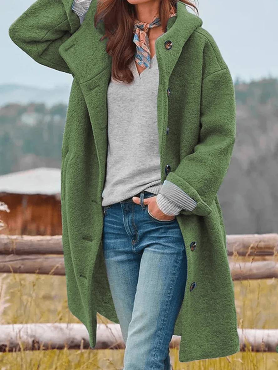 Levoire | Manteau En Laine Mi-Long Avec Capuche, Fermeture À Boutons, Poches, Manches Longues, Féminin, Oversize, Décontracté, Gras Vert