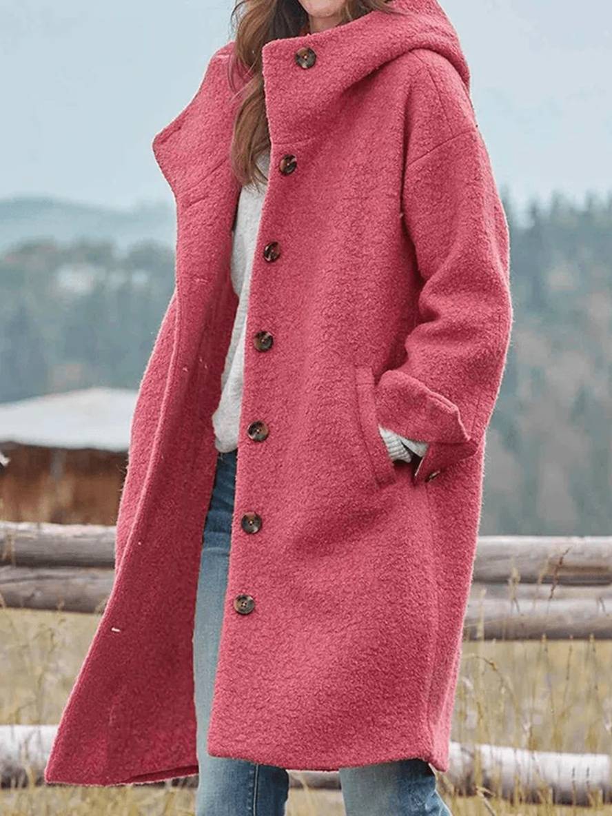 Levoire | Manteau En Laine Mi-Long Avec Capuche, Fermeture À Boutons, Poches, Manches Longues, Féminin, Oversize, Décontracté, Gras Framboise