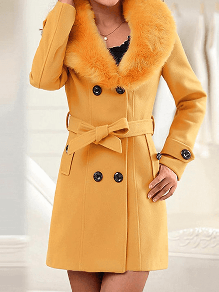 Levoire | Manteau En Laine Mi-Long Avec Fermeture À Double Bouton Nœud Ceinture Poches Manches Longues Dames Veste Élégante Jaune