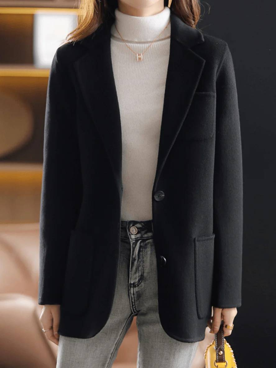 Levoire | Manteau En Laine Uni Avec Boutons Poches Col À Revers Manches Longues Hiver Femme Blazer Élégant Veste Noir