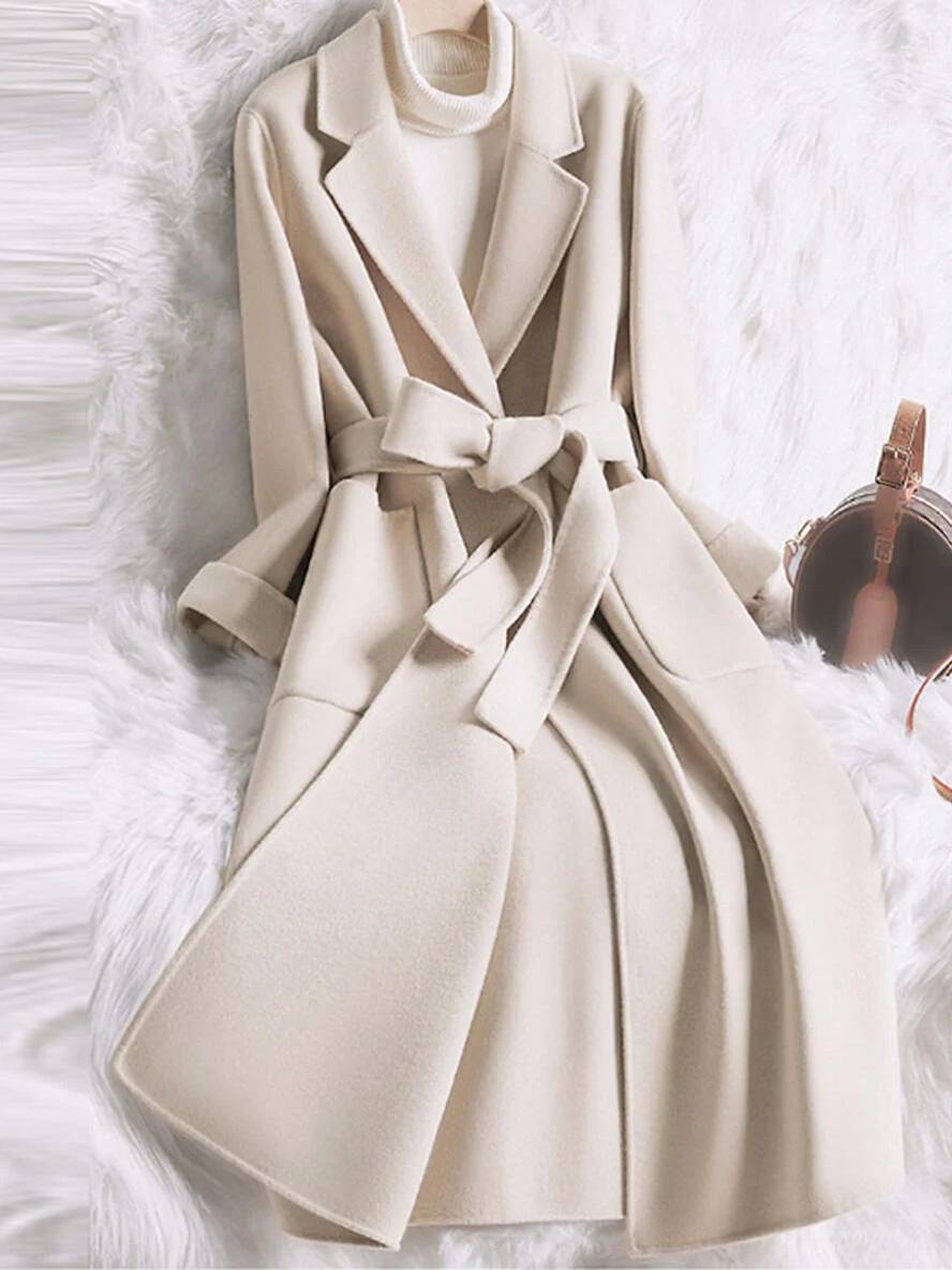 Levoire | Manteau Plus Long En Laine Coton Poches Ceinture Col À Revers Manches Longues Femme Décontracté Large Veste Beige