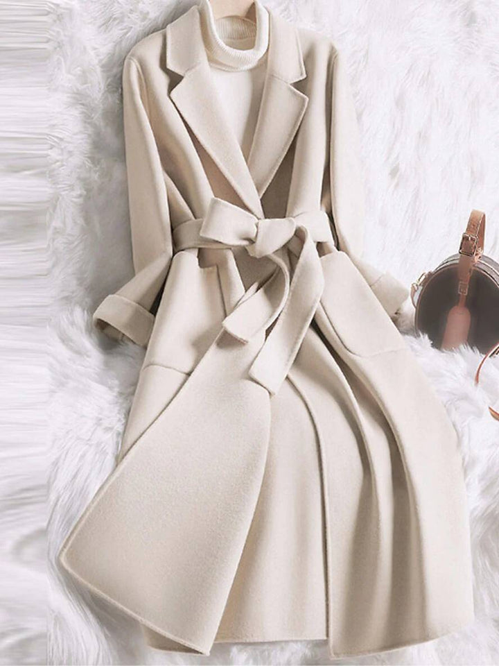 Levoire | Manteau Plus Long En Laine Coton Poches Ceinture Col À Revers Manches Longues Femme Décontracté Large Veste Beige