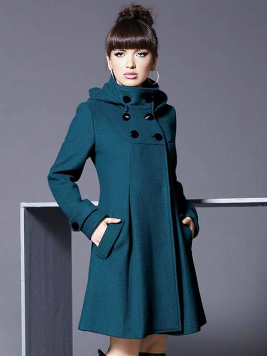 Levoire | Manteau Midi Long En Laine Croisé Avec Poches À Capuche Vintage Femmes Élégant Hiver Cape Entenbleu